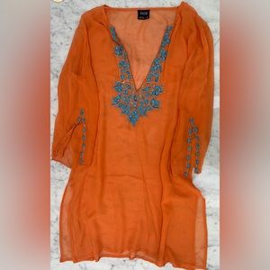 Inca Silk Georgette Tunic/Cover-Up w Turquoise Beading & Silver Embroidery